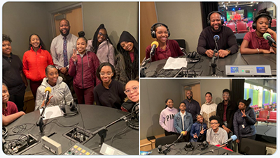 Collage of three photos showing junior high school students using podcast equipment