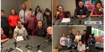 A collage of three photos showing high school students in a podcast studio